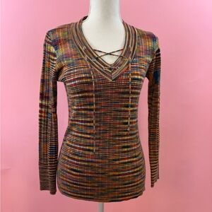 New Directions Multicolor Striped V-Neck Top